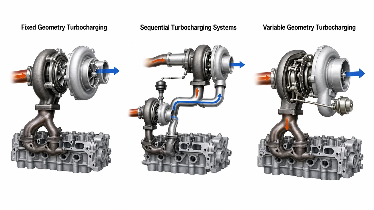 Primo piano tecnico di un motore turbo che mostra l'alloggiamento della turbina resistente all'acqua salata e il gruppo valvola wastegate rinforzato.