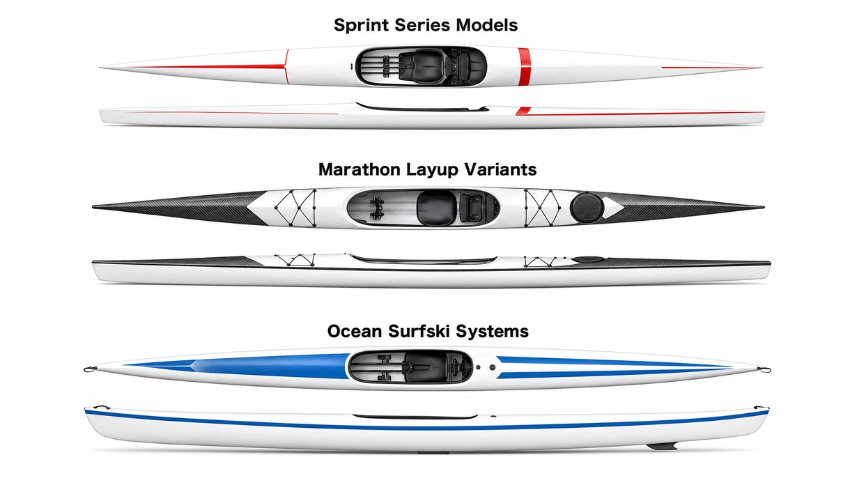 Primo piano dettagliato della stratificazione in fibra di carbonio di un kayak da regata e del sistema di poggiapiedi ergonomico regolabile per un trasferimento di potenza professionale.