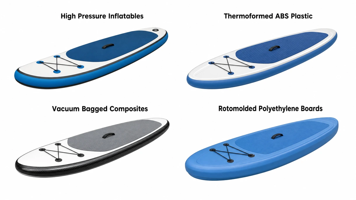 Primo piano tecnico degli strati di PVC drop-stitch ad alta pressione e del nastro di rinforzo dei bordi su uno stand-up paddle professionale.