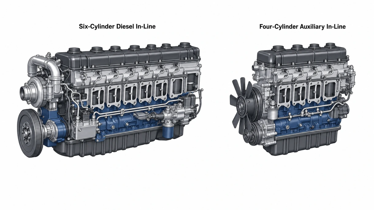 Dettaglio tecnico di un sistema common rail ad alta pressione su un motore in linea marino che mostra iniettori di carburante e sensori.