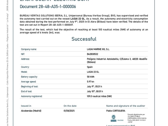 LASAI 22 GL ottiene la certificazione di autonomia di Bureau Veritas