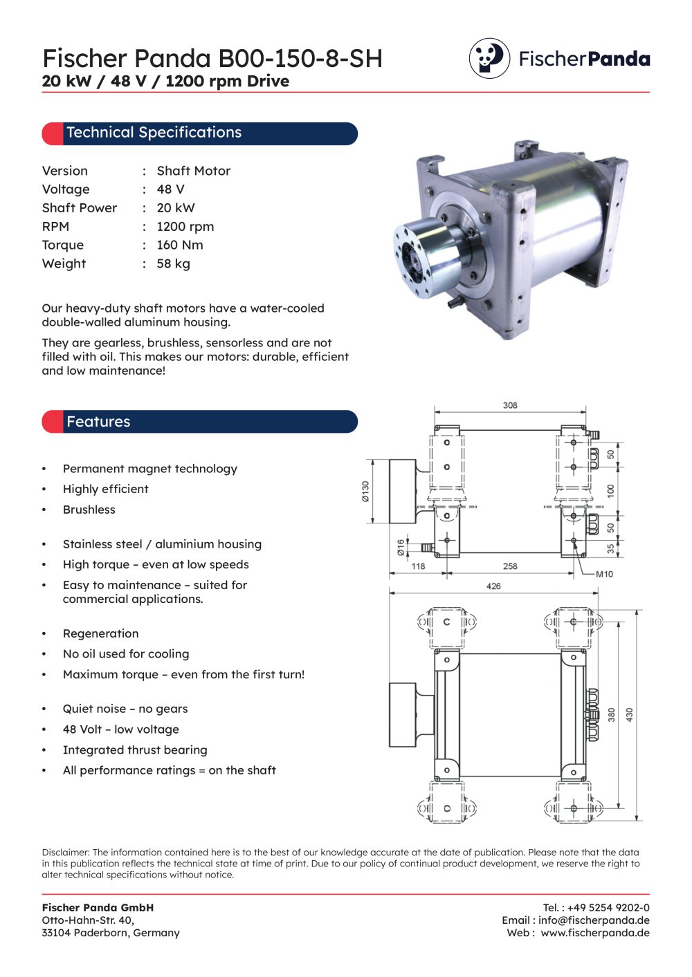 20 kW Shaft E-Motor 48 V (1200 rpm) - Fischer Panda
