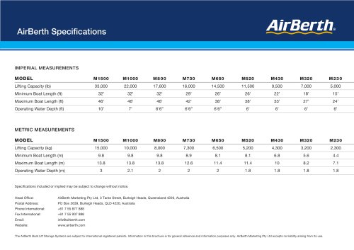 AirBerth specifications sheet