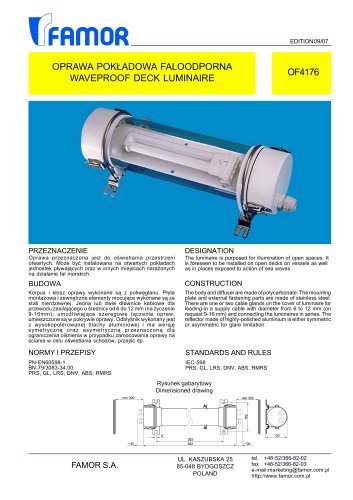 watertight ceiling-mounted luminaire for ships OF4176