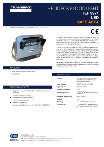 Datasheet TEF 9971 Non-Ex LED Helideck Floodlight