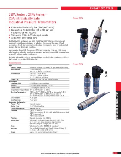 22FA Series / 26FA Series – CSA Intrinsically Safe Industrial Pressure Transmitters