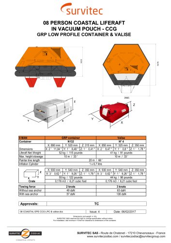 08 PERSON COASTAL LIFERAFT IN VACUUM POUCH - CCG GRP LOW PROFILE CONTAINER & VALISE