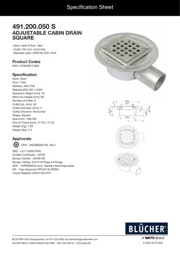 491.200.050 S ADJUSTABLE CABIN DRAIN SQUARE